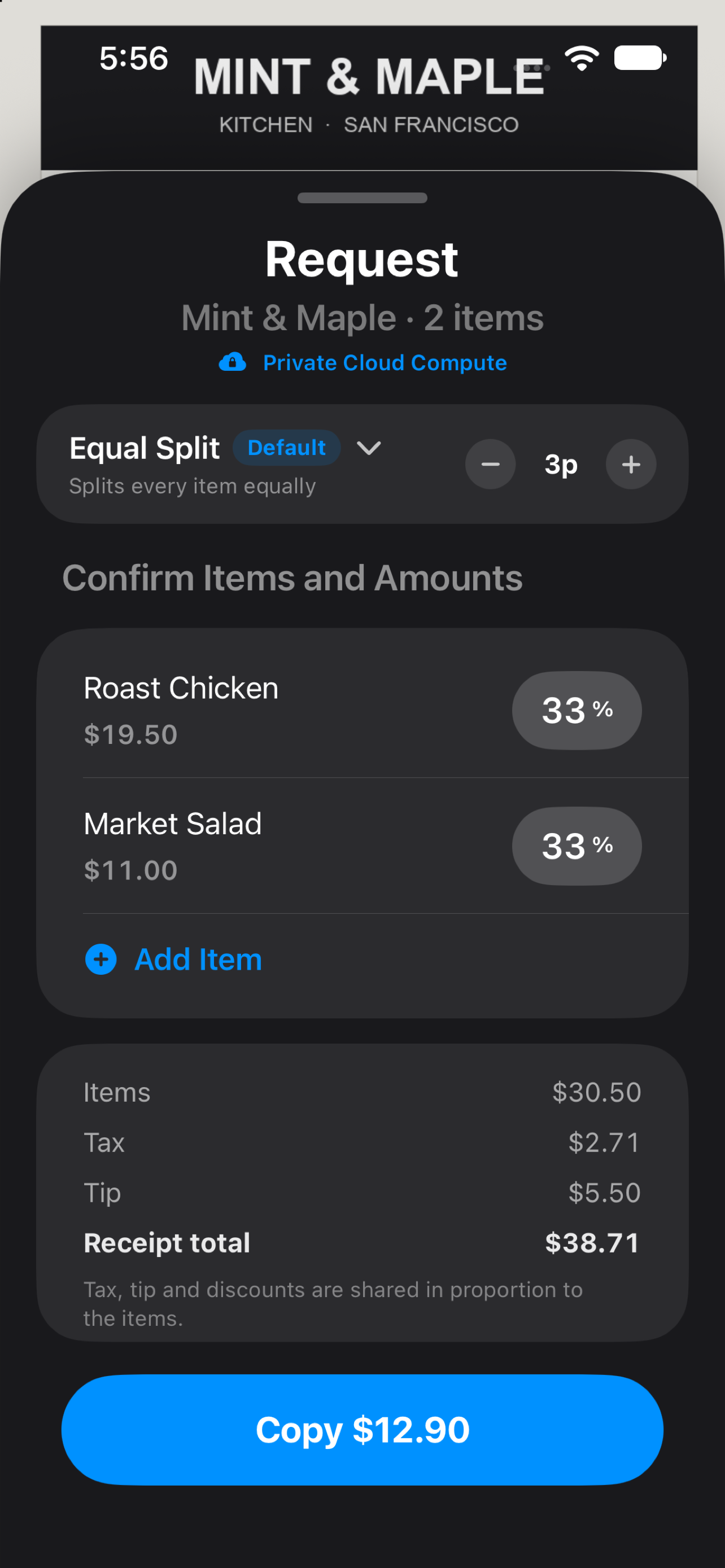 BillSplit on iPhone showing a Mint and Maple receipt, item assignments, shared tax and tip, and the final total.