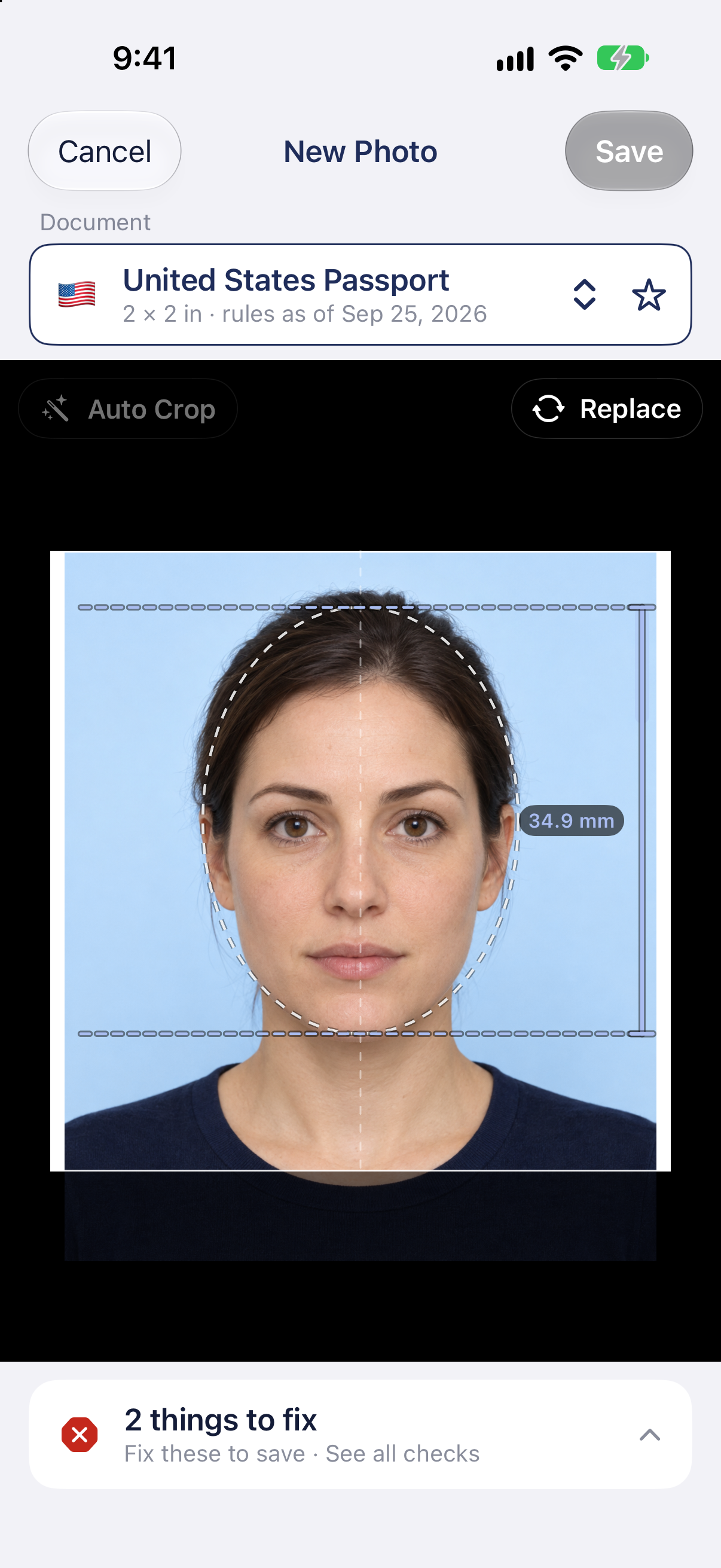 PassPhoto on iPhone showing a fictional passport portrait fitted to the head and eye guides, with two things to fix.