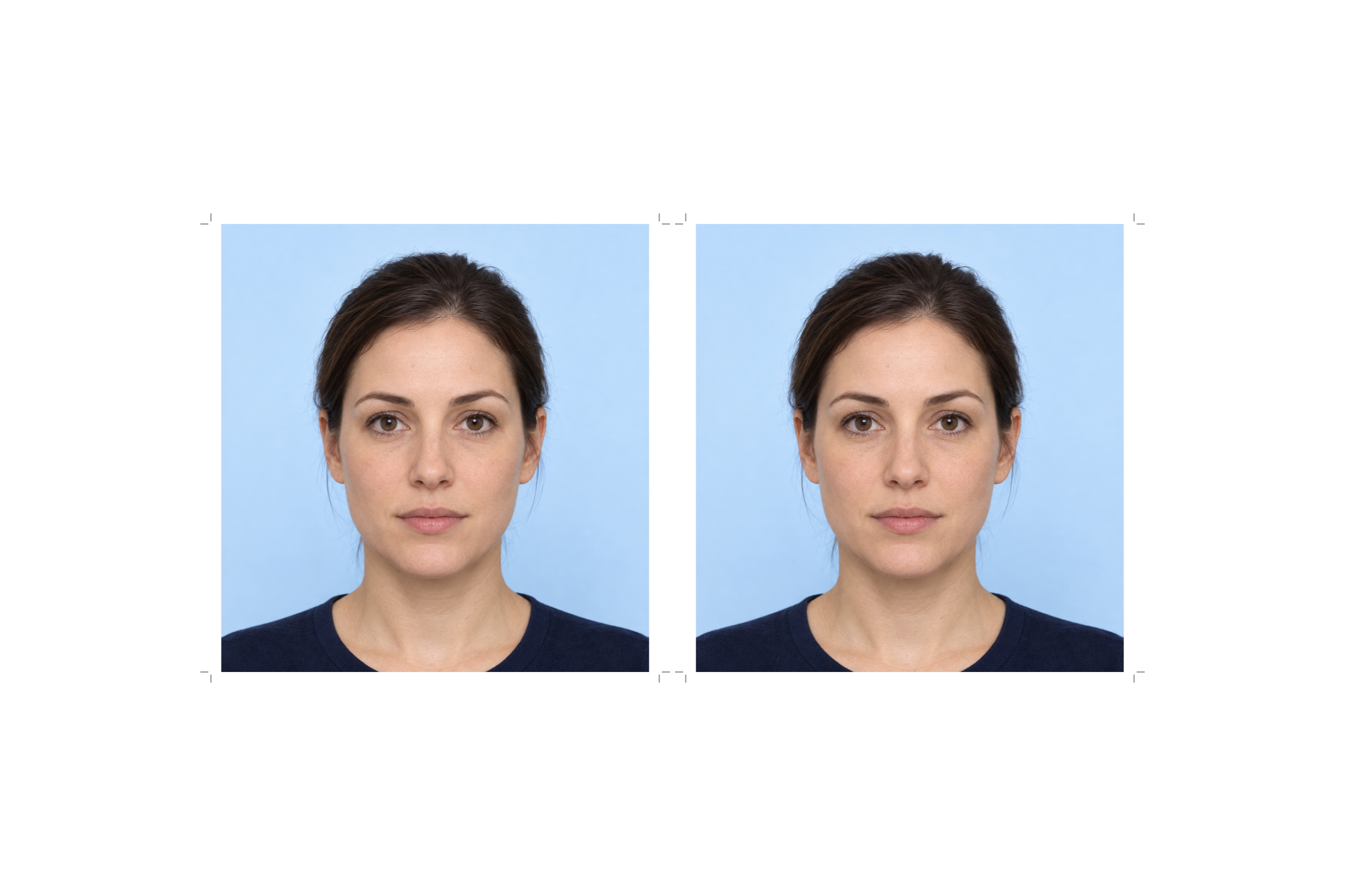 A 4 by 6 inch print sheet rendered by PassPhoto with two copies of the same passport photo and cut marks.